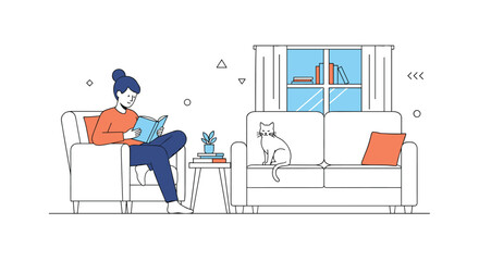 Cozy living room scene with person reading book and cat relaxing on sofa