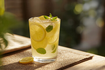Refreshing glass of lemonade with lemon slices and mint leaves drink beverage