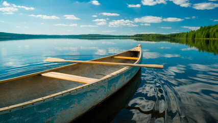 Obraz premium Old Wooden Canoe with Paddle on Tranquil Lake