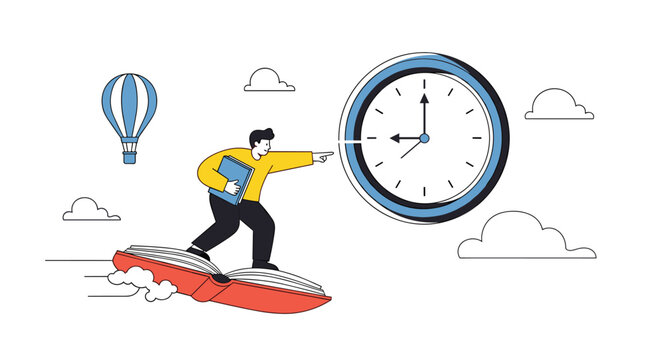 Man riding hoverboard towards clock showing time management efficiency