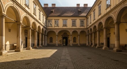 Courtyard of a historic building featuring arched colonnades, stone pavement, and a symmetrical architectural design under a clear sky.