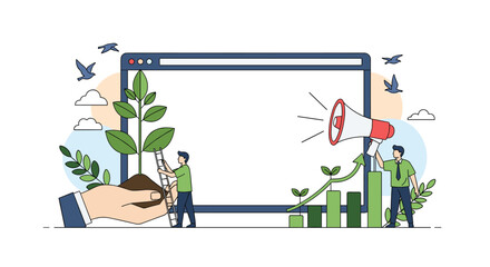 Illustrating the concept of business growth and marketing success with a digital platform and supportive imagery
