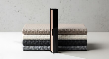 Stacked textured rugs in neutral tones with a sleek black frame on a white surface