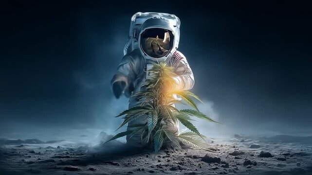 Astronaut Cultivating Cannabis on Alien Planet with Fantasy, Space, and Futuristic Art.