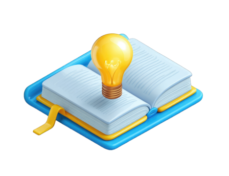 Open book with a glowing lightbulb, representing knowledge and ideas