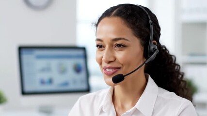 Professional woman with a warm smile offering dedicated customer support, wearing a headset for effective communication in a dynamic business environment, ensuring client satisfaction