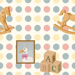 Seamless pattern of cozy wooden rocking horse toy, card game and cute white duck wall mural for wall decor, vintage, wallpaper, background, hand drawn illustration.