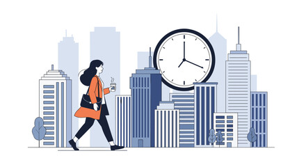 Urban professional woman commuting to work amidst cityscape and clock time management concept