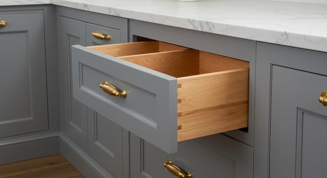 Open kitchen drawer reveals natural wood interior against grey cabinetry.