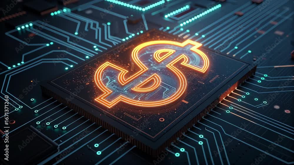 Poster ai support for financial institutions with glowing dollar sign on circuit board enhancing digital ba