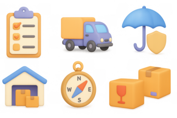 3d logistic and delivery icons: truck, warehouse, and safety symbols