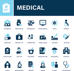 Medical icon set collection. Pharmacy, medication, emergency, cardiogram, virus, patient, medicine, laboratory, ambulance and best solid icon set.