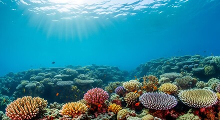 Vibrant underwater coral reef scene with sunlight filtering through clear turquoise ocean water