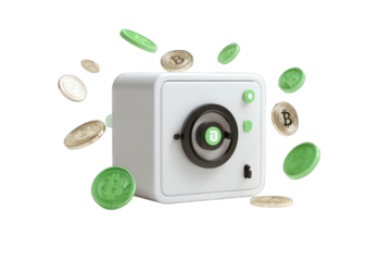 White square safe with green accents, bitcoin coins flying out