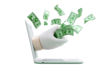 Cartoon hand emerging from laptop, clutching and dispersing money