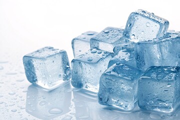 Obraz premium A stack of clear melting ice cubes with glistening water droplets on a reflective white background creating a cool and refreshing scene