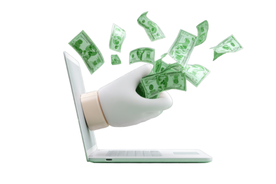 Cartoon hand emerging from laptop, clutching and dispersing money