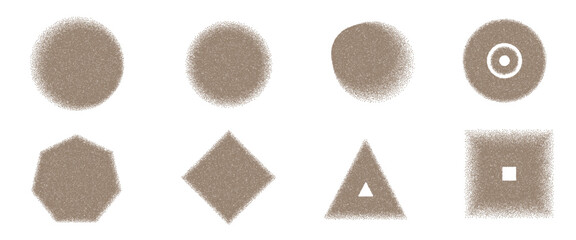Grain gradient geometric shape set. Y2k noise circles with triangles forms. Taupe brown rhombus and rectangles icons on white background. Trendy effect with gritty grunge texture. Vector illustration.
