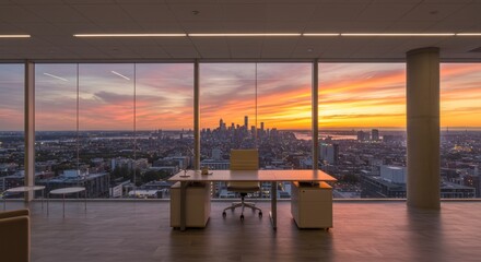Fototapeta premium An office interior with a desk and chair, overlooking a cityscape at sunset.