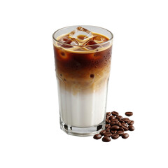 Elegant tall iced latte with distinct layers of espresso, milk, and clear ice, subtle condensation, coffee beans, on a clean transparent background, concept for beverage advertising