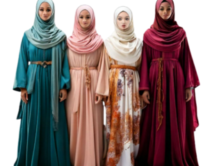 Set of Modest Islamic Clothing on Mannequins, including Hijabs, isolated on transparent background