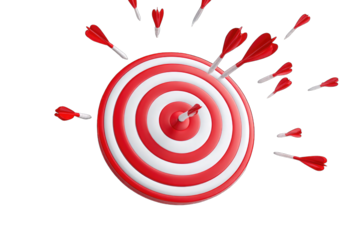 Red dartboard with many darts hitting the target