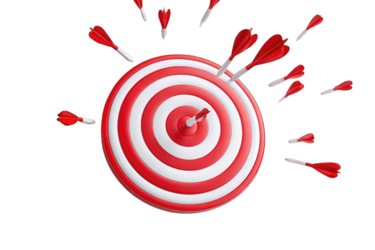 Red dartboard with many darts hitting the target