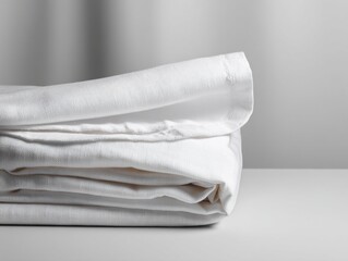 Fototapeta premium White linen fabric neatly folded on a table in a natural light setting showcasing simplicity and elegance