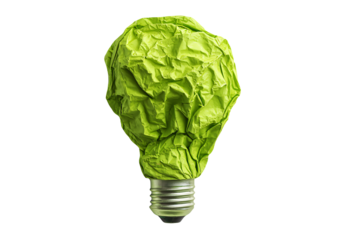 Creative green crumpled paper lightbulb, ideas and inspiration concept