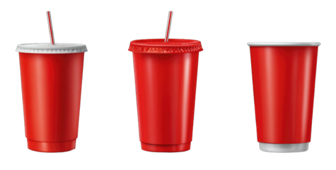 Three red drink cups with white lids and straws