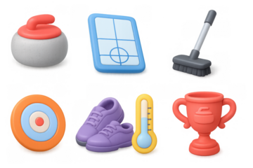 3d curling equipment icons set: brushes, targets, shoes, trophy, thermometer
