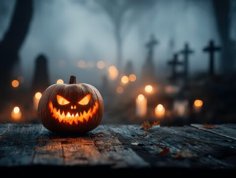 orange pumpkin enlighted inside with a scary face