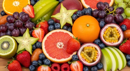 Vibrant mix of fresh seasonal fruits overflowing with deliciousness and healthy colorful goodness