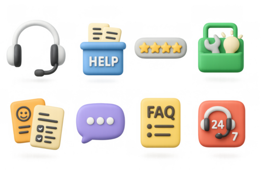Customer support icons set with 3d style for 24/7 assistance and feedback