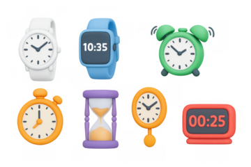 3d colorful clocks collection: alarm, hourglass, stopwatch, and wristwatch designs