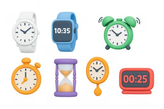 3d colorful clocks collection: alarm, hourglass, stopwatch, and wristwatch designs