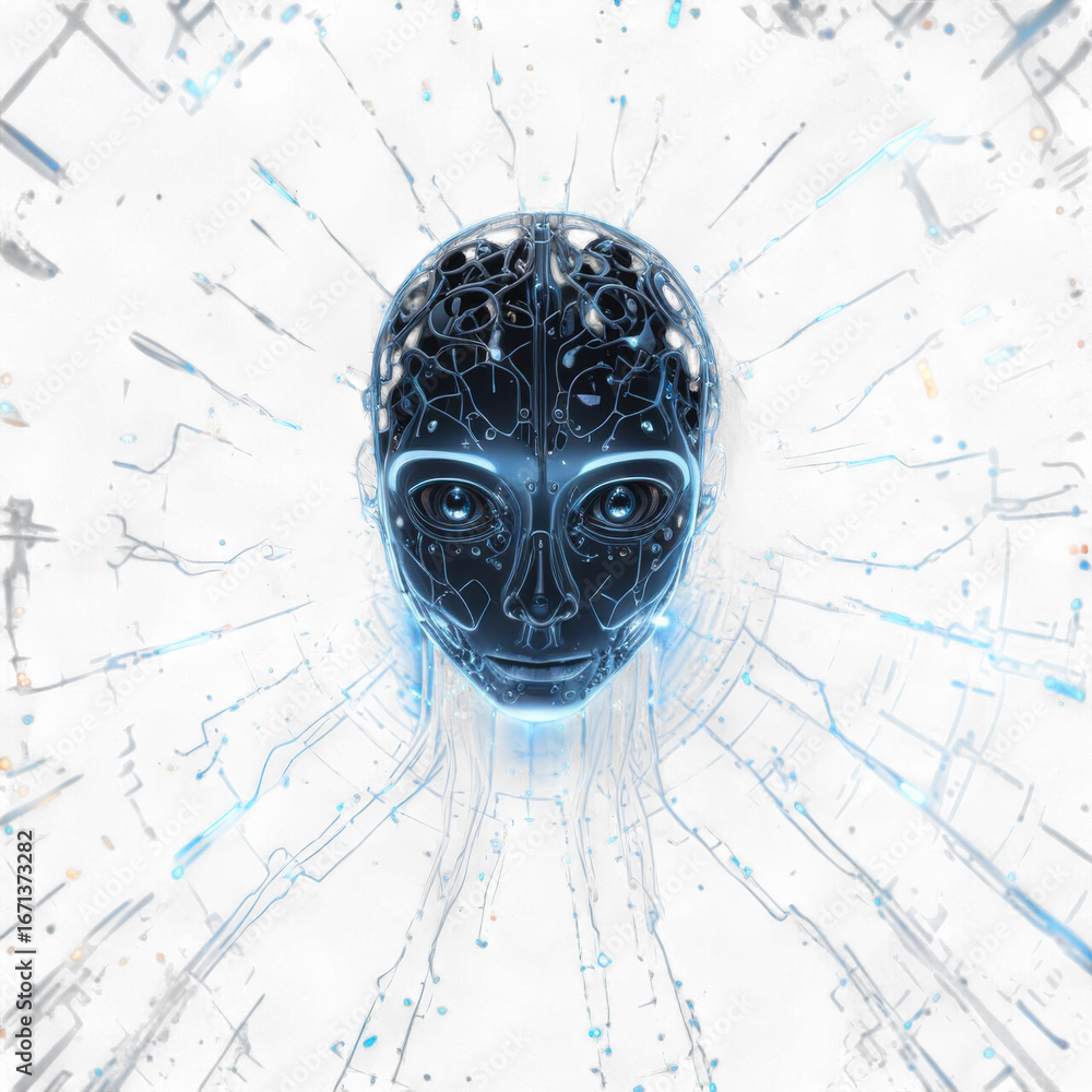 Fototapete a digital rendering of a humanoid robot head with glowing lines and a dark background design element
