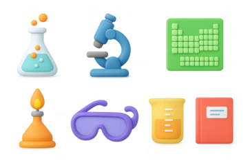 Colorful 3d science icons featuring equipment and tools for educational designs