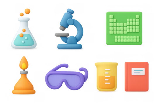 Colorful 3d science icons featuring equipment and tools for educational designs