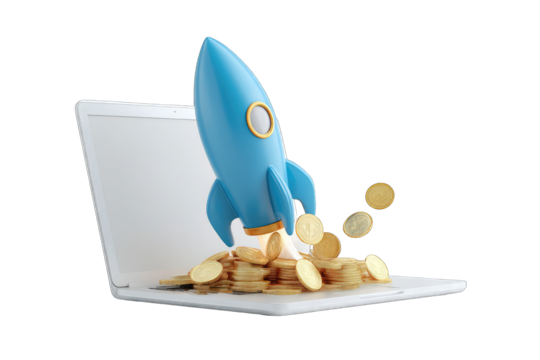Blue rocket launching from laptop, coins