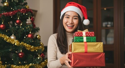 Smiling woman in Santa hat holds stack of wrapped Christmas gifts near decorated tree indoors.