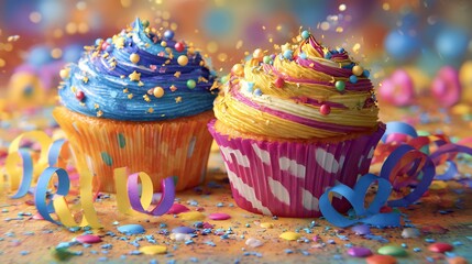 Birthday wish card cupcakes sparkles and colorful ribbons confetti filled background cheerful and festive no people