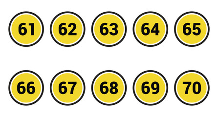 61, 62, 63, 64, 65, 66, 67, 68, 69 and 70 number icon vector outline design symbol or illustration set