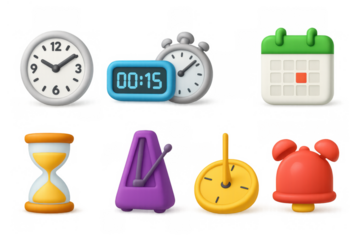 Colorful 3d timekeeping icons set: clocks, calendars, and timers concept