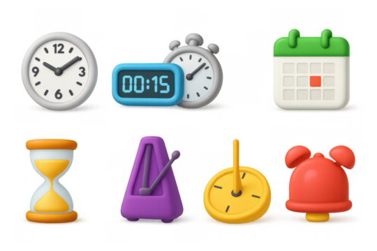 Colorful 3d timekeeping icons set: clocks, calendars, and timers concept