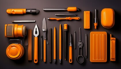Fototapeta premium Orange Tools and Accessories Arranged on Dark Background