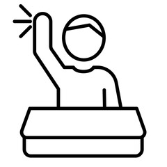Flat vector education icon of student raising hand in classroom, minimal outline, isolated design