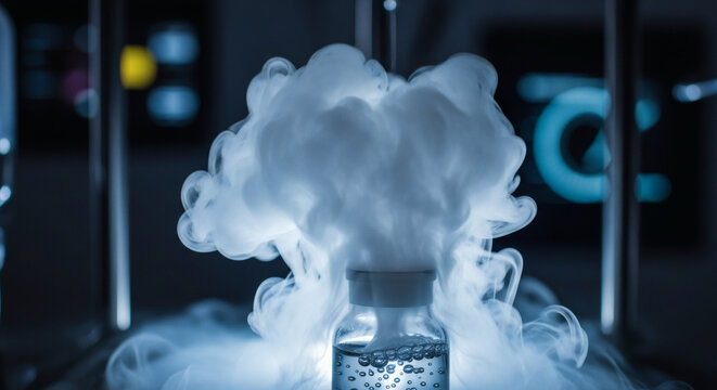 A clear glass vial filled with liquid emits a dramatic plume of white vapor and smoke in a dimly lit laboratory setting.