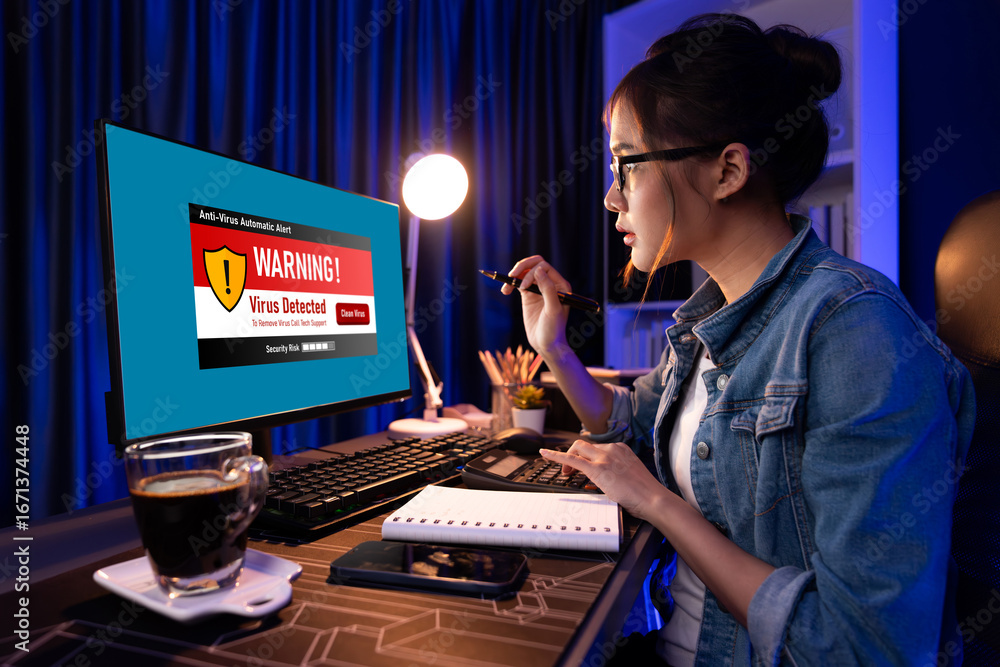 Poster virus warning alert on computer screen detected brisk cyber threat , hacker, computer virus and malw