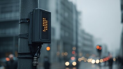 An illuminated pedestrian signal in a cityscape during a rainy day, casting an inviting glow amidst muted colors.